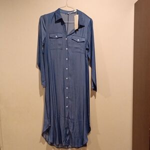 Button-Front Long Sleeve Blue Shirt Dress